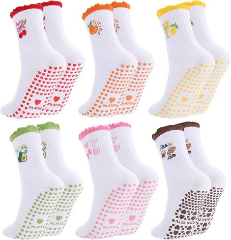 6 Pairs Pilates Socks with Grips for Women Crew Ruffle Non Slip Yoga Cotton Socks with Cherry Bow Heart Embroidery Pattern for Barre Workout Hospital in Saudi Arabia