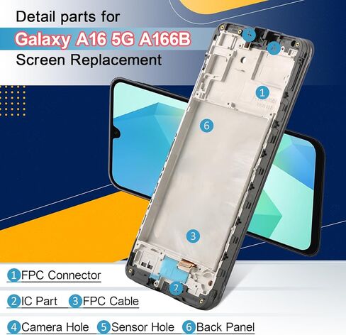 استبدال شاشة Incell لهاتف Samsung Galaxy A16 5G شاشة LCD لهاتف Galaxy A16 SM-A166B SM-A166P SM-A166E استبدال مجموعة محول الأرقام لشاشة تعمل باللمس مع إطار (أسود) in Saudi Arabia