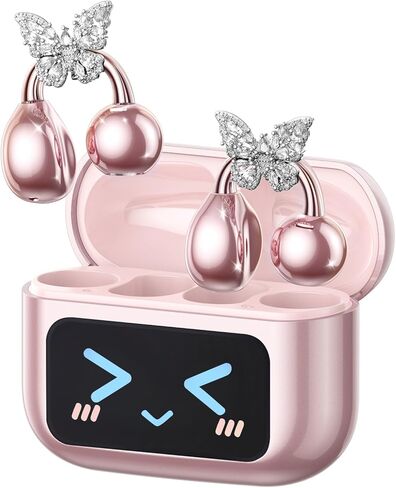 PAXA Stylish Open Ear Clip On Earbuds with Removable Butterfly Earring, Clip On Headphones with LCD Touch Screen, Fashionables Open Ear Headphones for Women, Butterfly Earring Rose Gold Earbuds in Saudi Arabia