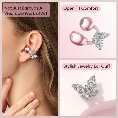 PAXA Stylish Open Ear Clip On Earbuds with Removable Butterfly Earring, Clip On Headphones with LCD Touch Screen, Fashionables Open Ear Headphones for Women, Butterfly Earring Rose Gold Earbuds in Saudi Arabia