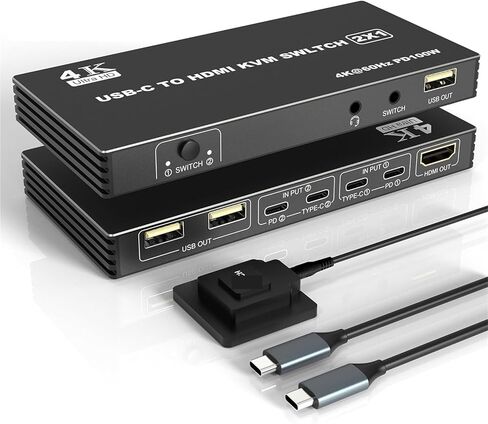 USB C KVM Switch 2x1 4K Type HDMI 2 in 1 Out Support PD Charging for Loptop Share Monitor Mouse Keyboard in Kuwait