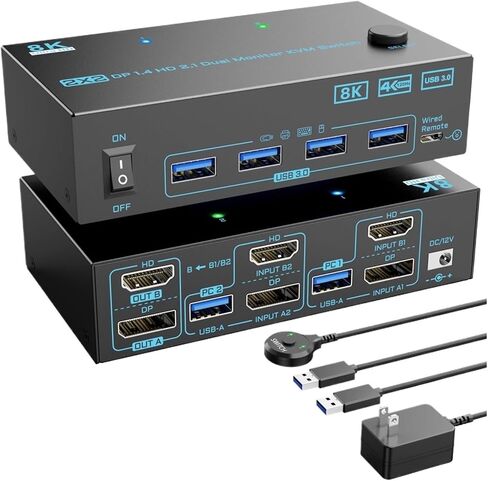 8K Displayport 1.4 + HDMI 2. Dual Monitor KVM Switch Monitors Computers Ports Max Support 8K@60Hz/4K@144Hz Exclusive Sale(EU Power Adapter) in Saudi Arabia