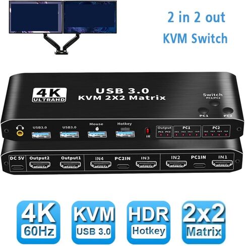 2x2 Kvm Switch 4K 60 هرتز شاشة مزدوجة KVM عرض ممتد USB الجلاد 2 في الخارج لشاشات مشاركة أجهزة الكمبيوتر in Saudi Arabia