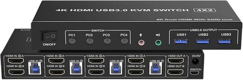 4 Port HDMI USB 3.0 KVM Switch 4X2 Dual Monitor 4K@60Hz Extended Display DP in 2 Out for PC Share Keyboard Mouse(ZY-AH42U,UK Power Plug) in Saudi Arabia