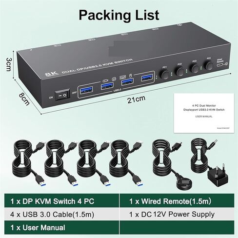 DisplayPort KVM Switch 4 USB 3.0 Ports 4K@144Hz 8K@30Hz for 2 Monitors Computers Sharing Keyboard Mouse Printer U-Disk DP in Saudi Arabia