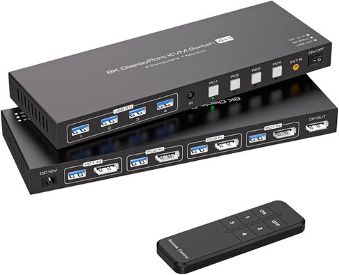 8K @ 60 هرتز Displayport KVM Switch 1 شاشات 4 أجهزة كمبيوتر، 4K @ 144 هرتز منفذ DP USB 3.0 للكمبيوتر الشخصي مشاركة لوحة المفاتيح الماوس (قابس طاقة أمريكي) in Saudi Arabia