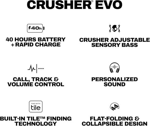 Skullcandy Crusher Evo Wireless Bluetooth Headphones Blue/Grey, Multi-Sensory Bass, 40Hr Wireless, Noise Isolating Over-Ear, Mic for iPhone/Android, Extra 3ft USB-C to USB-C Charging Cable in Kuwait