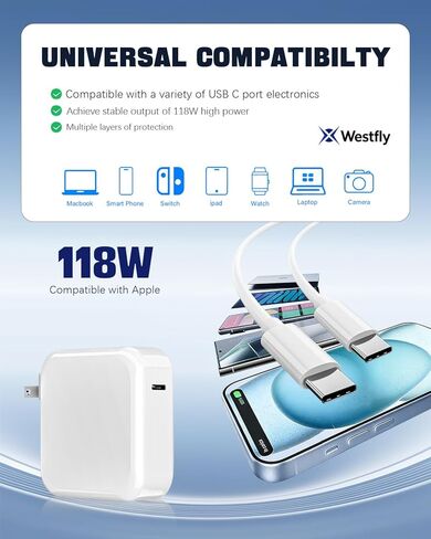Mac Book Pro Charger 118W USB C Fast Charger Compatible with MacBook pro/Air, M1 M2 M3 M4 M5 ipad Pro 13 14 15 16 inch 6.6ft Charge Cable in Saudi Arabia