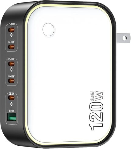 شاحن GaN بقوة 120 وات، كتلة شاحن USB C فائقة الصغر بـ 6 منافذ مع ضوء ليلي، شحن سريع PD 100 وات لأجهزة MacBook Pro/Air وiPhone 17/16/15 Series وiPad والكمبيوتر المحمول - قوي للسفر والمنزل والمكتب in Kuwait