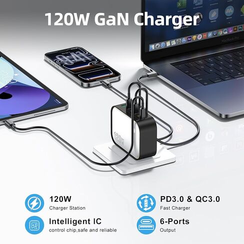 شاحن GaN بقوة 120 وات، كتلة شاحن USB C فائقة الصغر بـ 6 منافذ مع ضوء ليلي، شحن سريع PD 100 وات لأجهزة MacBook Pro/Air وiPhone 17/16/15 Series وiPad والكمبيوتر المحمول - قوي للسفر والمنزل والمكتب in Kuwait