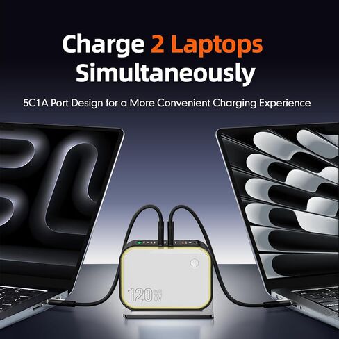 شاحن GaN بقوة 120 وات، كتلة شاحن USB C فائقة الصغر بـ 6 منافذ مع ضوء ليلي، شحن سريع PD 100 وات لأجهزة MacBook Pro/Air وiPhone 17/16/15 Series وiPad والكمبيوتر المحمول - قوي للسفر والمنزل والمكتب in Kuwait