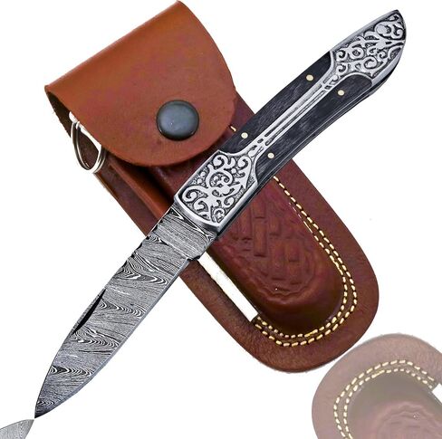 Damascus Pocket Knife for Men Handmade - 8 Inches Damascus Folding Knife with Sheath & Sharpener- Ideal for Hunting, Camping, and Everyday Carry - Durable and Stylish Pocket Knife (Black) in Kuwait
