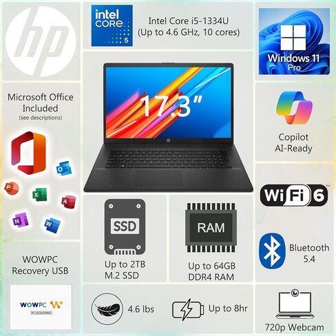 كمبيوتر محمول HP 17 Business (موديل 2025)، شاشة 17.3 بوصة مضادة للتوهج، الجيل الثالث عشر Intel 10-Core i5-1334U (Beats i7-1255U)، AI Copilot Ready، ذاكرة الوصول العشوائي 32 جيجابايت، 1 تيرابايت SSD، HDMI، Microsoft Office، Windows 11 Pro، WOWPC USB in Kuwait