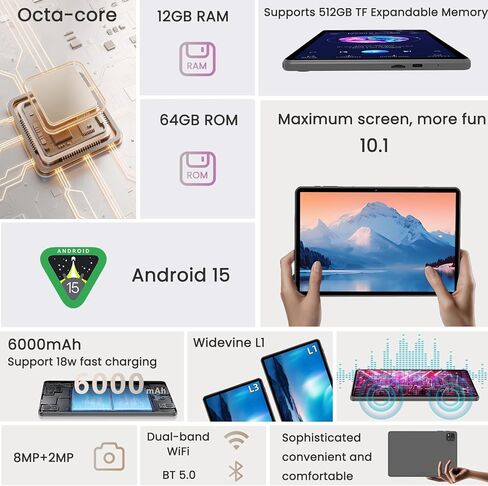 Android 15 Tablet,10 inch Tablets, Octa Core CPU, 12GB+64GB+512GB Expansion, Wi-Fi6, 6000mAh Battery Tablet PC, Dual Camera, 1280x800 Display Screen, Widevine L1 Google Kids Space in Saudi Arabia