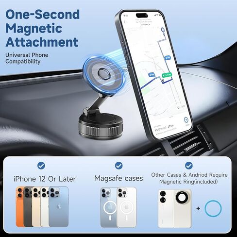 Magnetic Phone Holder for Car with NanoGel Vacuum Suction Cup, 360° Adjustable Car Mount for iPhone Magsafe, Phone Holders for Your Car with Metal Ring for Android, Car Phone Holder for Truck/Gym in Saudi Arabia