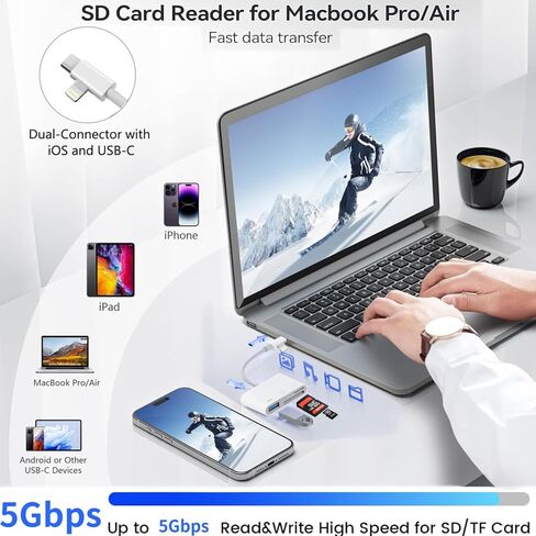 [معتمد من Apple MFi] قارئ بطاقة SD لجهاز iPhone iPad، محول بطاقة USB 3.0 نوع C SD/TF مع موصلات Lightning وUSB C المزدوجة التوصيل والتشغيل SD MicroSD USB-A 3 فتحات كاميرا ذاكرة Trail in Kuwait