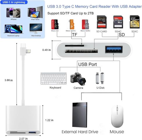 [معتمد من Apple MFi] قارئ بطاقة SD لجهاز iPhone iPad، محول بطاقة USB 3.0 نوع C SD/TF مع موصلات Lightning وUSB C المزدوجة التوصيل والتشغيل SD MicroSD USB-A 3 فتحات كاميرا ذاكرة Trail in Kuwait
