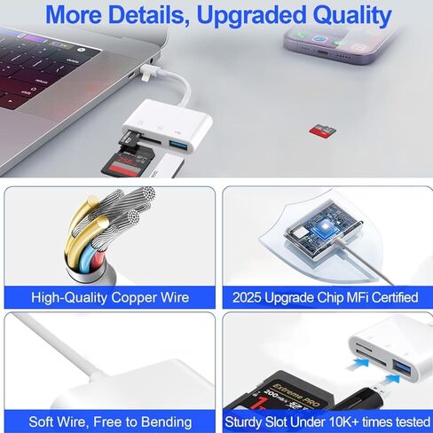 [معتمد من Apple MFi] قارئ بطاقة SD لجهاز iPhone iPad، محول بطاقة USB 3.0 نوع C SD/TF مع موصلات Lightning وUSB C المزدوجة التوصيل والتشغيل SD MicroSD USB-A 3 فتحات كاميرا ذاكرة Trail in Kuwait