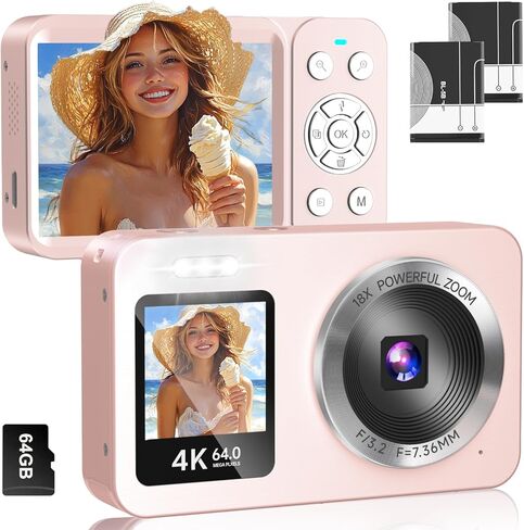 كاميرا رقمية، كاميرا 4K 64MP UHD مزدوجة الشاشات، تكبير 18X، كاميرات رقمية صغيرة محمولة مع بطاقة TF سعة 64 جيجابايت، بطاريتان قابلتان لإعادة الشحن للأطفال والمراهقين والبالغين وصور السيلفي والهدايا - أبيض in Saudi Arabia