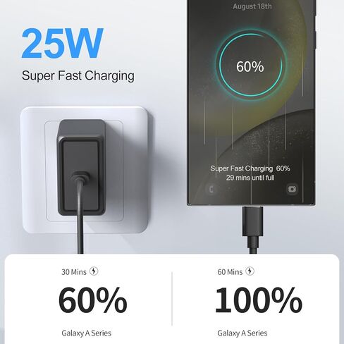 25W USB C Super Fast Charging Adapter for Samsung Galaxy A16/A15/A14/A13/A9/A71/A54/A53/A42/A32/A31/S25 Ultra/S24+/S23/W25/Z Flod6, PD Port Wall Charger Block with 6.6ft Type C Phone Cable in Saudi Arabia