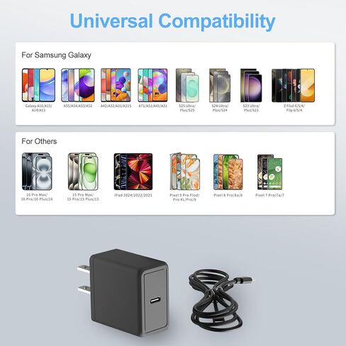 25W USB C Super Fast Charging Adapter for Samsung Galaxy A16/A15/A14/A13/A9/A71/A54/A53/A42/A32/A31/S25 Ultra/S24+/S23/W25/Z Flod6, PD Port Wall Charger Block with 6.6ft Type C Phone Cable in Saudi Arabia