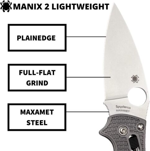 سكين Spyderco Manix 2 خفيف الوزن قابل للطي - مقبض FRN رمادي، حافة عادية، طحن مسطح بالكامل، شفرة فولاذية Maxamet دقيقة الذوبان ومحمل كروي - C101PGY2 in Saudi Arabia