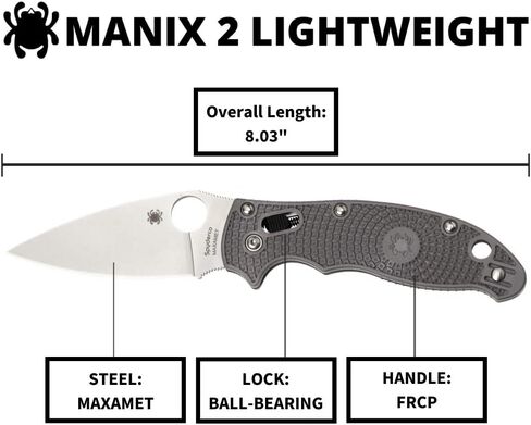 سكين Spyderco Manix 2 خفيف الوزن قابل للطي - مقبض FRN رمادي، حافة عادية، طحن مسطح بالكامل، شفرة فولاذية Maxamet دقيقة الذوبان ومحمل كروي - C101PGY2 in Saudi Arabia
