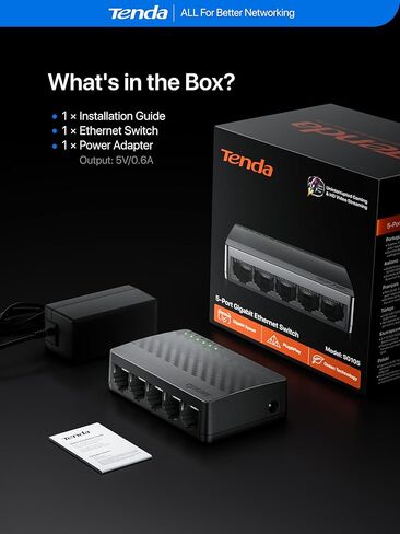 Tenda SG105 LAN Switch 5 Port Gigabit Switch Mini Netzwerk Switch، LAN Hub، LAN Verteiler (محول إيثرنت للتوصيل والتشغيل، Lüfterlos، غير مُدار، Schwarz) in Kuwait