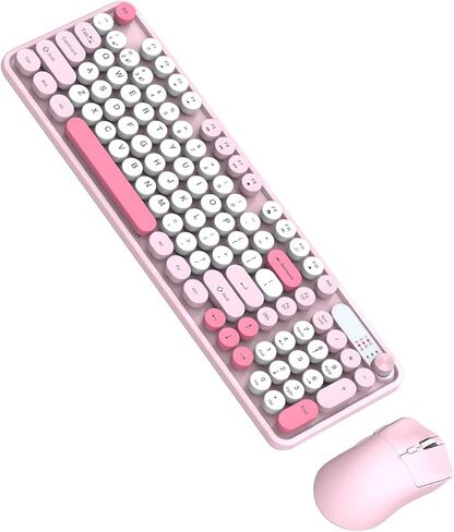 PUSOKEI Wireless Keyboard and Mouse Combo, Bluetooth Keyboard Mouse Sets, 98 Keys Retro Typewriter Keyboard with Round Keycaps, 6 Keys 1800DPI Optical Mouse, for Laptop PC (Pink) in Saudi Arabia
