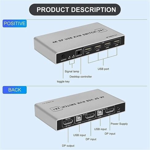 Displayport KVM Switch 2x1 4K 60Hz 8K DP USB 2 in 1 Out for PC Share Mouse Keyboad Monitor with Desktop Controller(8K Version) in Saudi Arabia