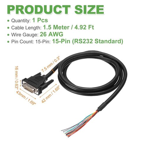 PATIKIL 4.9 قدم 26AWG DB15 موصل ذكر إلى نهاية السلك العاري RS232 15 دبوس كابل تمديد تسلسلي مزدوج محمية موصل ذكر مطلي بالذهب، أسود in Kuwait