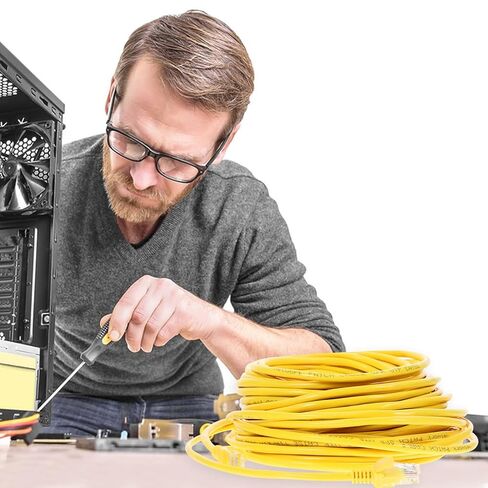 كابل شبكة Uonlytech Cat 5e بطول 20 متر سلك توصيل إيثرنت عالي السرعة لجهاز التوجيه المنزلي والكمبيوتر المحمول، ملحق كمبيوتر قوي أصفر مناسب للألعاب والاتصال بالإنترنت in Kuwait