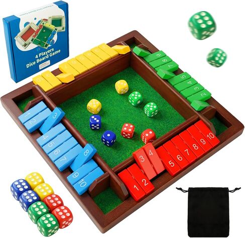 لعبة Shut The Box Dice لعدد 2-4 لاعبين، لعبة الرياضيات والاستراتيجية على الطاولة الخشبية مع 8 نرد وحقيبة تخزين مخملية، لعبة لوح عائلية كلاسيكية للمنزل أو الحفلات أو الحانة in Kuwait