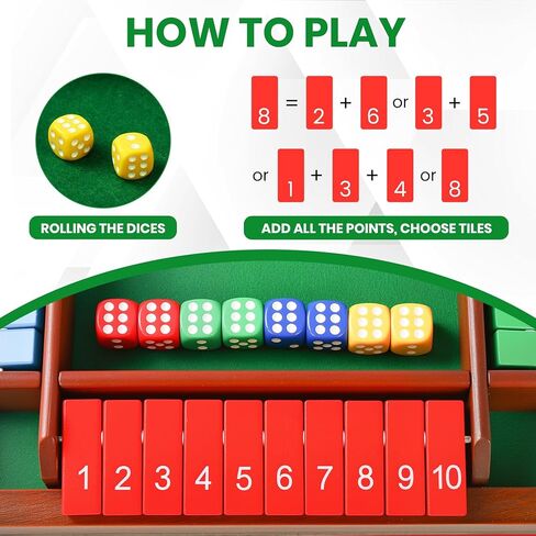 لعبة Shut The Box Dice لعدد 2-4 لاعبين، لعبة الرياضيات والاستراتيجية على الطاولة الخشبية مع 8 نرد وحقيبة تخزين مخملية، لعبة لوح عائلية كلاسيكية للمنزل أو الحفلات أو الحانة in Kuwait