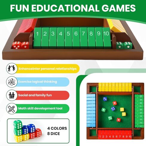 لعبة Shut The Box Dice لعدد 2-4 لاعبين، لعبة الرياضيات والاستراتيجية على الطاولة الخشبية مع 8 نرد وحقيبة تخزين مخملية، لعبة لوح عائلية كلاسيكية للمنزل أو الحفلات أو الحانة in Kuwait