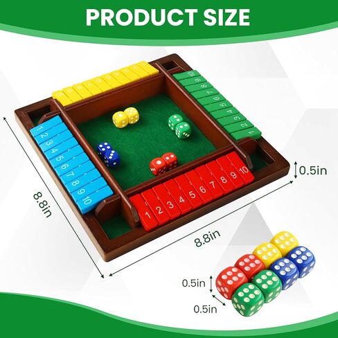 لعبة Shut The Box Dice لعدد 2-4 لاعبين، لعبة الرياضيات والاستراتيجية على الطاولة الخشبية مع 8 نرد وحقيبة تخزين مخملية، لعبة لوح عائلية كلاسيكية للمنزل أو الحفلات أو الحانة in Kuwait