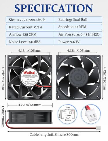Wathai 1238 48V DC Brushless Cooling Fan 2Pin 120mm x 38mm Industrial Fan Dual Ball High Performance for DIY Cooling Project, Electronic Box, Welding Machine, Laser Machine, Server Cabinet in Saudi Arabia
