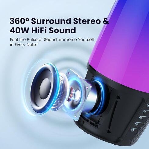 Portable Bluetooth Speaker, 40W 360° Stereo, Bluetooth 5.3 (100ft), IPX6 Waterproof, 9 Color LED, 12H Playtime (5600mAh) - Home/Outdoor/Party/Beach, Ideal Birthday (Colorful) in Saudi Arabia