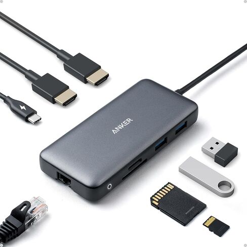انكر موزع USB C، محول USB C 8 في 1 من باور اكسباند مع HDMI مزدوج 4K وتوصيل طاقة 100 واط وايثرنت 1 جيجابت في الثانية ومنفذي بيانات USB 3.0 وقارئ بطاقات SD وmicroSD لماك بوك برو واكس بي اس والمزيد in Kuwait
