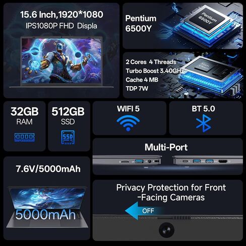 كمبيوتر محمول 15.6 بوصة، ذاكرة الوصول العشوائي 32 جيجابايت، 512 جيجابايت SSD، معالج Pentium 6500Y (Beat N5095، حتى 3.4 جيجا هرتز)، كمبيوتر محمول مع شاشة FHD IPS، ثنائي النطاق Wi-Fi 5، BT 5.0، USB-C، HDMI، كاميرا ويب، بطارية طويلة الأمد in Kuwait