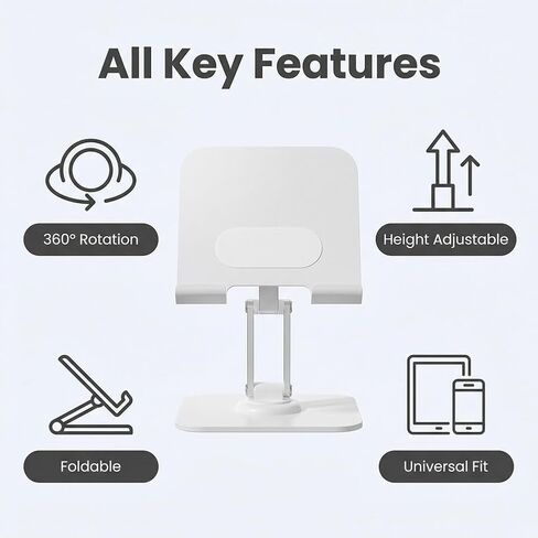 Metal Tablet Stand, Adjustable 360° Rotation Tablet Stand for Desk Compatible with 4-16" Tablet Office Accessories, White in Saudi Arabia