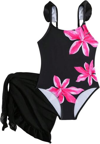 OYOANGLE Girl's Cute One Piece Swimsuits with Cover Up Skirt Floral Ruffle Bathing Suits Swimwear in Saudi Arabia