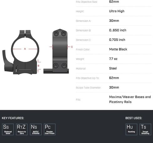 WARNE 216LM Maxima Quick Detach Scope Rings، فولاذ متكلس، انقسام عمودي، 30 مم، عالي اللمعان in Kuwait
