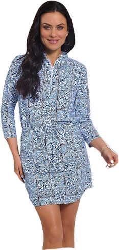 IBKUL UPF 50+ Sun Protection, Icefil Cooling, Moisture-Wicking Josie Print ¾ Sleeve Drawstring Dress in Kuwait