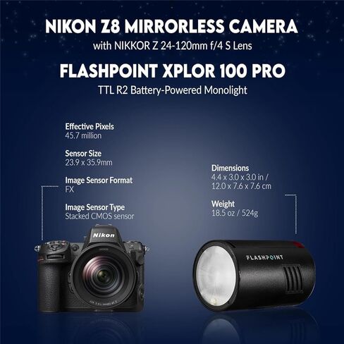Nikon Z8 Mirrorless Camera with NIKKOR Z 24-120mm f/4 S Lens, Bundle with Flashpoint XPLOR 100 Pro TTL R2 Battery-Powered Monolight (Godox AD100 Pro) in Saudi Arabia