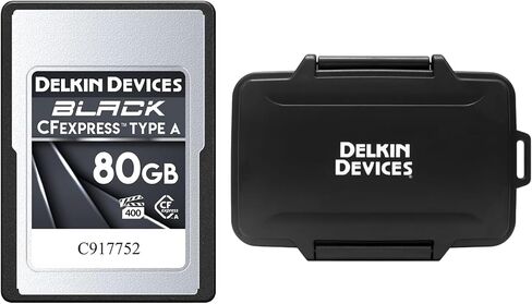 Delkin Devices Black CFexpress Type A 80GB (قراءة 880 ميجابايت/ثانية، كتابة 730 ميجابايت/ثانية، VPG 400) + حقيبة تخزين متينة CFexpress/SD/microSD - بطاقة ذاكرة احترافية وحزمة حمل مقاومة للطقس in Kuwait
