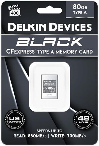 Delkin Devices Black CFexpress Type A 80GB (قراءة 880 ميجابايت/ثانية، كتابة 730 ميجابايت/ثانية، VPG 400) + حقيبة تخزين متينة CFexpress/SD/microSD - بطاقة ذاكرة احترافية وحزمة حمل مقاومة للطقس in Kuwait
