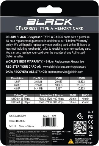 Delkin Devices Black CFexpress Type A 80GB (قراءة 880 ميجابايت/ثانية، كتابة 730 ميجابايت/ثانية، VPG 400) + حقيبة تخزين متينة CFexpress/SD/microSD - بطاقة ذاكرة احترافية وحزمة حمل مقاومة للطقس in Kuwait