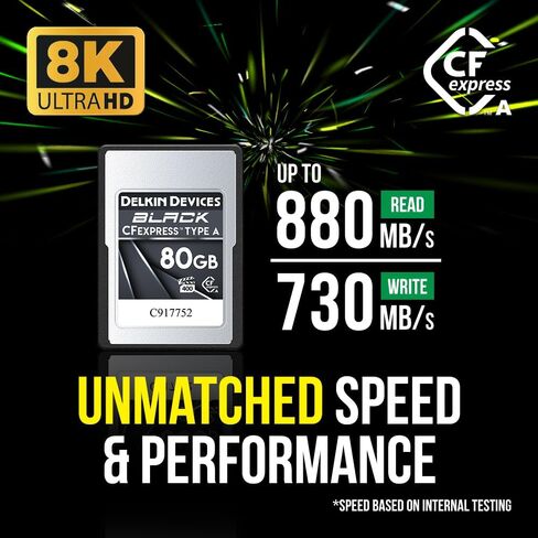 Delkin Devices Black CFexpress Type A 80GB (قراءة 880 ميجابايت/ثانية، كتابة 730 ميجابايت/ثانية، VPG 400) + حقيبة تخزين متينة CFexpress/SD/microSD - بطاقة ذاكرة احترافية وحزمة حمل مقاومة للطقس in Kuwait