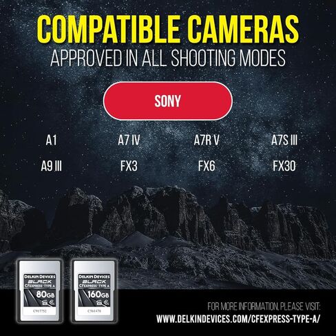 Delkin Devices Black CFexpress Type A 80GB (قراءة 880 ميجابايت/ثانية، كتابة 730 ميجابايت/ثانية، VPG 400) + حقيبة تخزين متينة CFexpress/SD/microSD - بطاقة ذاكرة احترافية وحزمة حمل مقاومة للطقس in Kuwait